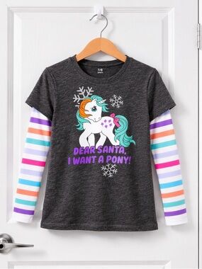 My Little Pony Girls Top Size M 7/8 Rainbow Sleeve Graphic Tee Dear Santa…